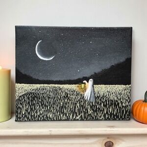10x8 Ghost Painting Halloween Art Spooky Season Crescent Moon Stars Original Art